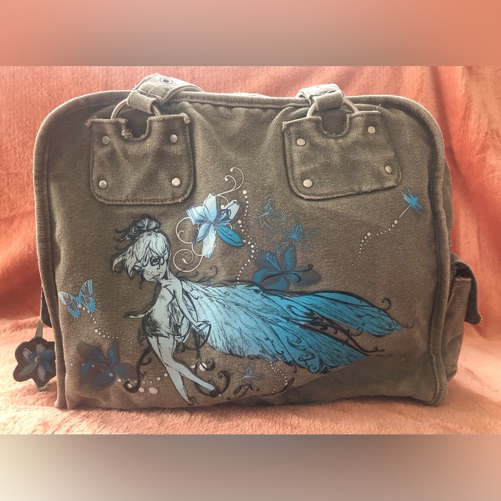 Goth Tinker Bell Disney Army Green Full Zip Shoulder Bag Purse Y2K Tinkerbell